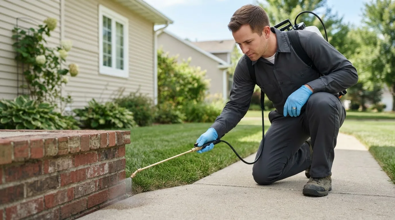 Pest control technician treating a home near Gilford, NH