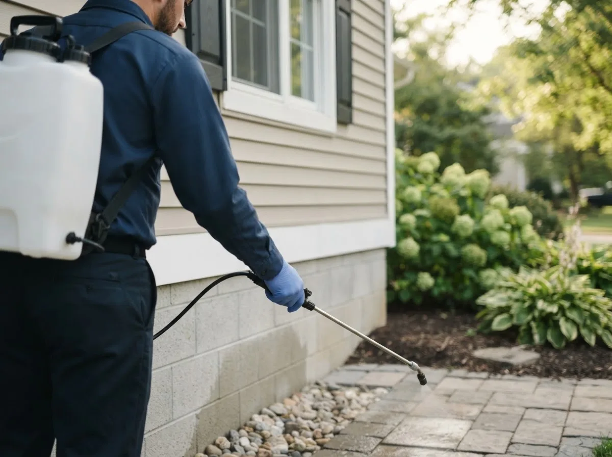 Pest control technician inspecting a home in Gilford, NH